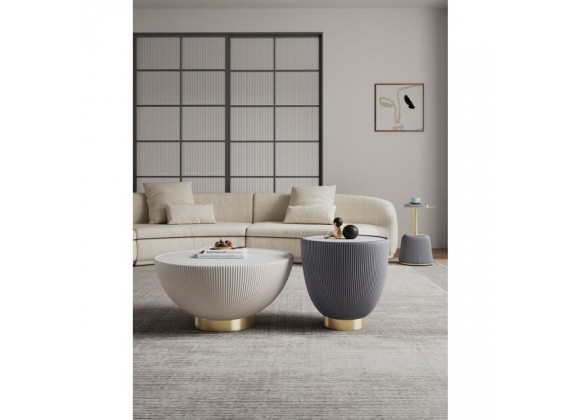 Manhattan Comfort Modern Anderson Coffee Table, End Table 1.0, and End Table 2.0 Upholstered in Cream and Grey Leatherette with Ceramic Faux Tabletop and Gold Metal Tabletop- Set of 3