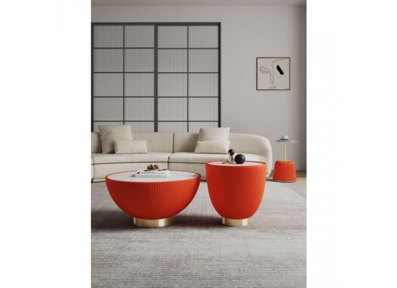 Manhattan Comfort Modern Anderson Coffee Table, End Table 1.0, and End Table 2.0 Upholstered in Orange Leatherette with Ceramic Faux Tabletop and Gold Metal Tabletop- Set of 3