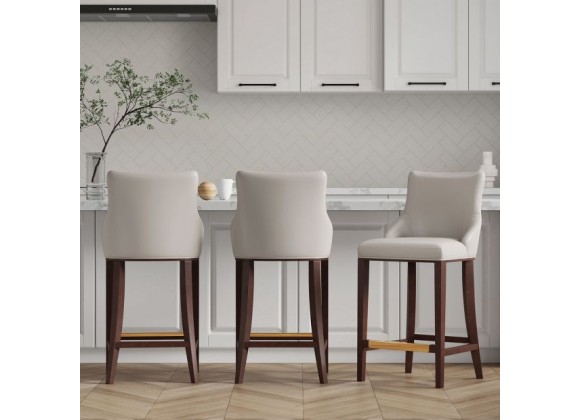 Manhattan Comfort Modern Shubert Barstool Upholstered In Light Grey Leatherette with Beech Wood Legs - Set of 3