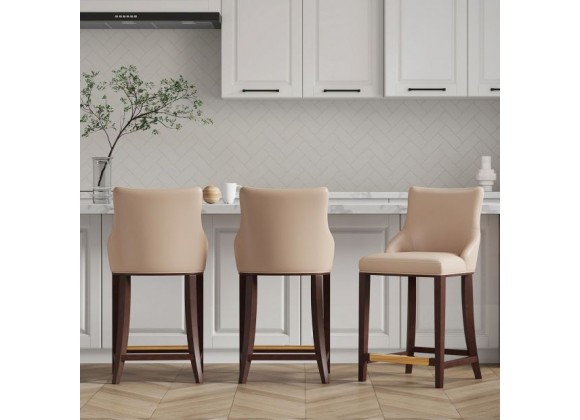 Manhattan Comfort Modern Shubert Counter Stool Upholstered In Tan Leatherette with Beech Wood Legs - Set of 3