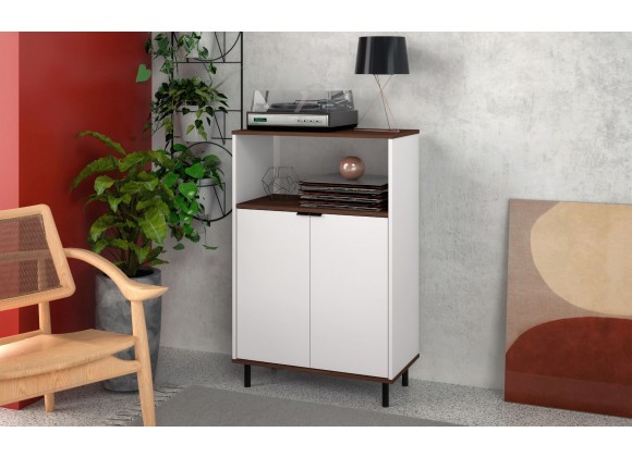 Manhattan Comfort Mosholu Accent Cabinet with 3 Shelves in White and Nut Brown