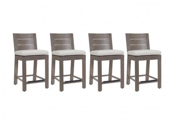 Sunset West Laguna Aluminum Barstool With Cushions In Canvas Flax - Set in Front Side Angle