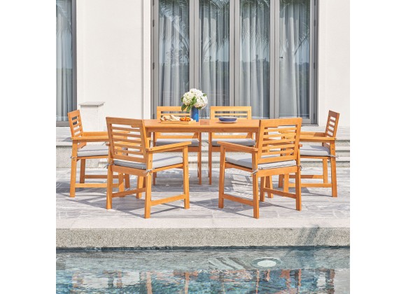 Vifah Waimea Honey 7-Piece Slatted Eucalyptus Wood Patio Dining Set with Cushion, Front Angle