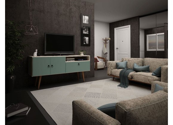 Manhattan Comfort Tribeca 53.94 Mid-Century Modern TV Stand with Solid Wood Legs in Off White and Green Mint