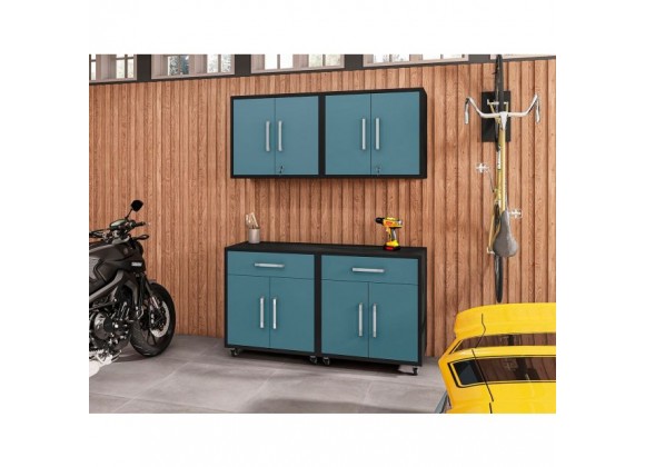 Manhattan Comfort Eiffel 4-Piece Garage Storage Set in Matte Black and Aqua Blue