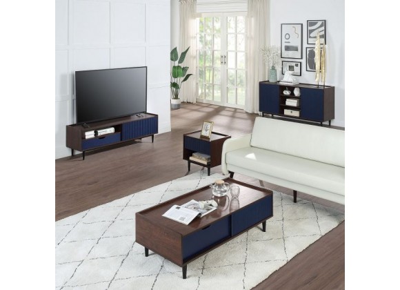 Manhattan Comfort Duane Modern Ribbed 4 Piece Living Room Set: Sideboard, TV Stand, Coffee Table, End Table in Dark Brown And Blue