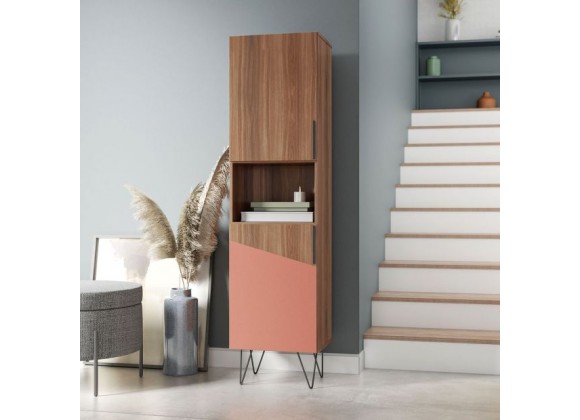 Manhattan Comfort Beekman 17.51 Narrow Bookcase Cabinet with 5 Shelves in Brown and Pink