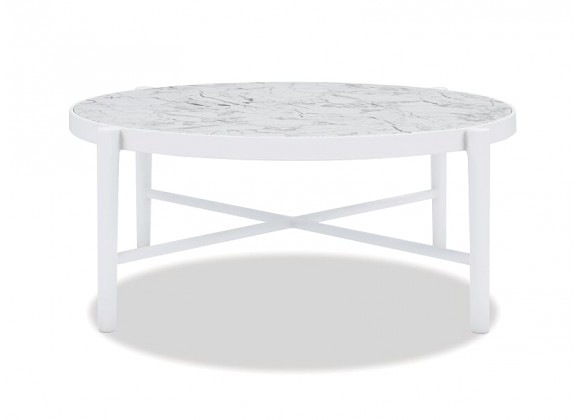 Post Leg 40" Round Coffee Table Frost Finish with Honed Carrara top