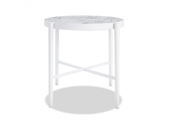 Post Leg 20" Round End Table Frost Finish with Honed Carrara Top - Front Angle