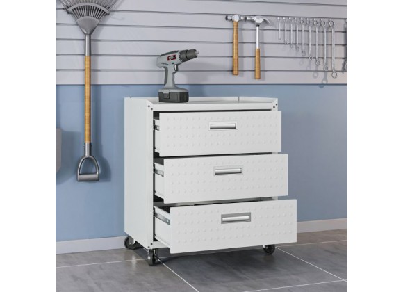 Manhattan Comfort Fortress Textured Metal 31.5" Garage Mobile Chest with 3 Full Extension Drawers in White Open