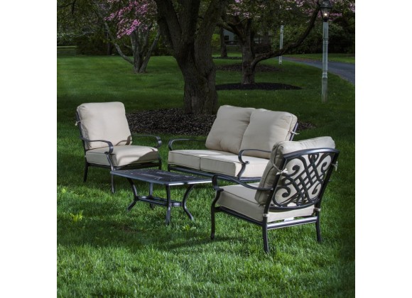 Alfresco Home Newbury Cast Aluminum Deep Seating Set with Coffee Table, Loveseat with Cushions, and 2 Lounge Chairs with Cushions
