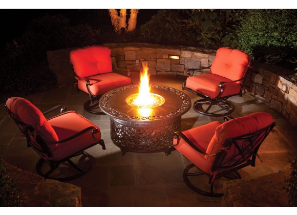  Alfresco Home Bellagio 48" Round Cast Aluminum Gas Fire Pit/Chat Table with Glacier Ice Firebeads - Lifestyle