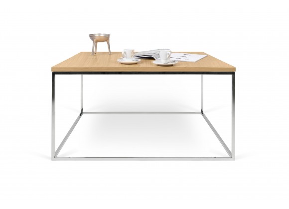 TemaHome Gleam 30x30 Wood Top Coffee Table in Oak & Chrome - Front with Contents