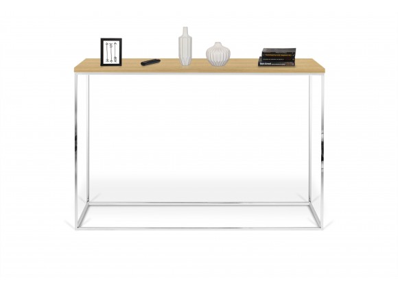 TemaHome Gleam Wood Top Console in Light Oak & Chrome - Front with Contents