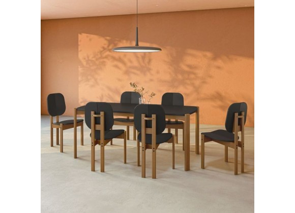 Manhattan Comfort Mid-Century Modern Gales 70.87 Dining Table with Solid Wood Legs - Set of 7 Black