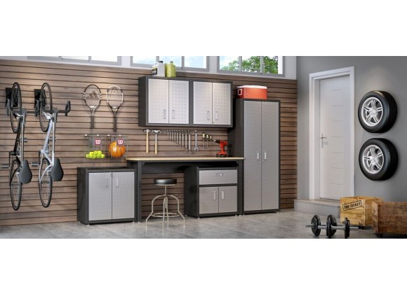 6-Piece Fortress Textured Garage Set with Cabinets, Wall Units and Table in Grey - Set