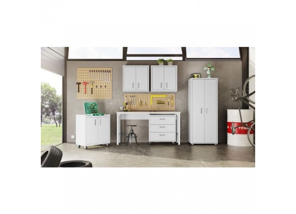 Manhattan Comfort 6-Piece Fortress Textured Garage Set with Cabinets, Wall Units and Table in White