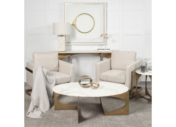 Mercana Reinhold 49" Round White Marble Top Gold Metal Base Coffee Table 