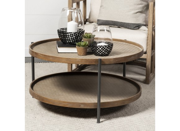 Mercana Kade 33" Round Brown Table Gray Metal Frame Two-Tier Coffee Table