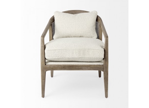 Mercana Landon 25.6L x 29.1W x 30.5H Light Brown Wood With Cream Fabric Seat and Cane Back Accent Chair Front