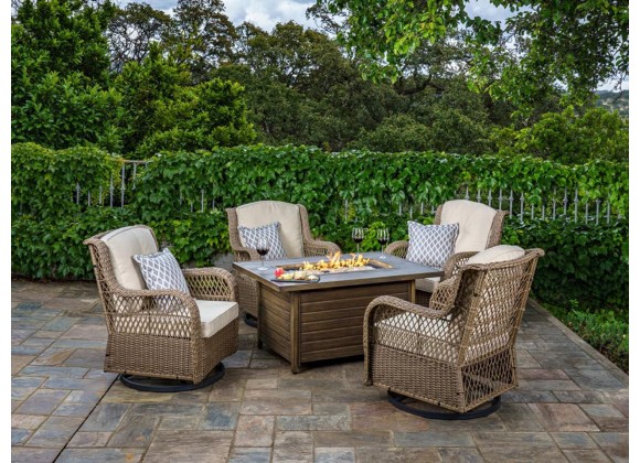Tortuga Outdoor Rio Vista 5 pc Fire Table Chat Set With Outdoor Wicker Swivel Chairs