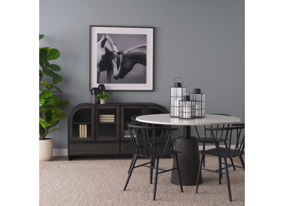 Mercana Maxwell 48L x 48W x 30H White Marble Round Top With Black Metal and Wood Pedestal Base Dining Table 2