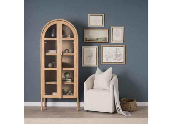 Mercana Callum Light Brown Elm Wood w/ Glass Doors Arched Curio Cabinet