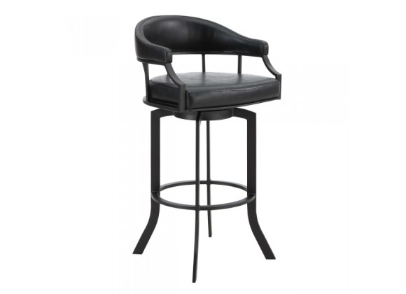 Armen Living Pharaoh Swivel Black Powder Coated And Black Faux Leather Metal Bar Stool