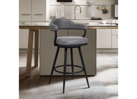 Armen Living Amador 30" Bar Height Barstool in a Black Powder Coated Finish and Vintage Faux Gray Leather