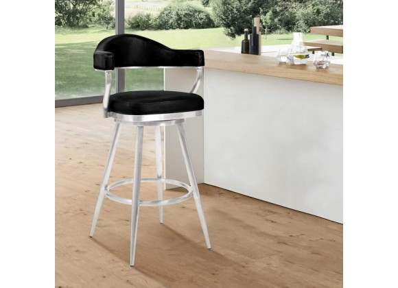 Armen Living Amador 26" Counter Height Barstool in Brushed Stainless Steel and Vintage Black Faux Leather