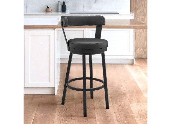 Armen Living Kobe Counter Height Swivel Bar Stool in Black Finish and Black Faux Leather