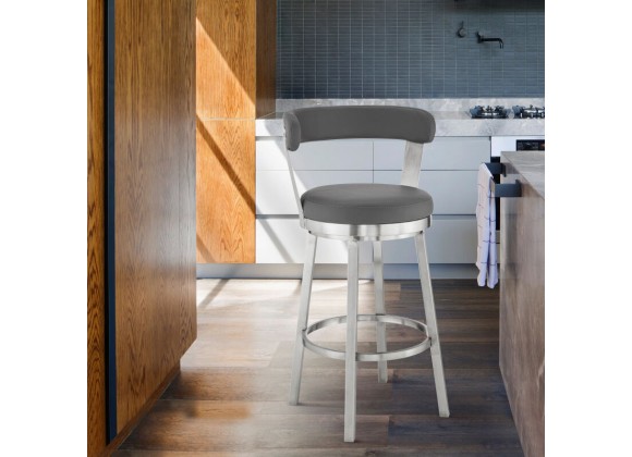Armen Living Kobe Swivel Bar Stool in Brushed Stainless Steel Finish and Gray Faux Leather