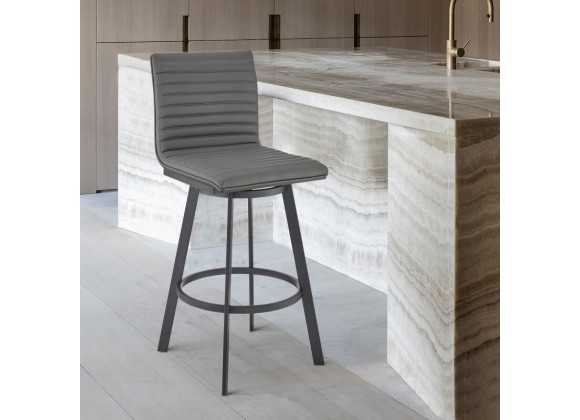 Armen Living Jermaine 26" Counter Height Swivel Bar Stool in Matt Black Finish with Gray Faux Leather