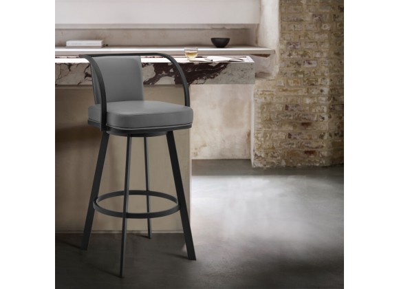 Armen Living Sandringham Gray Faux Leather and Black Metal Swivel Bar Stool