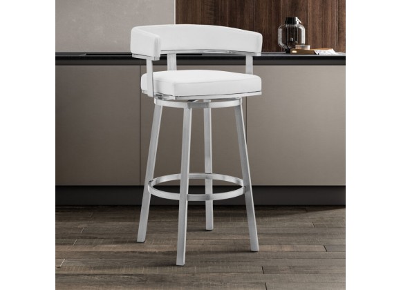 Cohen White Faux Leather and Brushed Stainless Steel Swivel Bar Stool