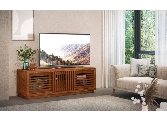 Furnitech Signature 64" Contemporary Rustic TV Stand Media Console in American White Oak with an Warm Honey Finish - Lifestyle