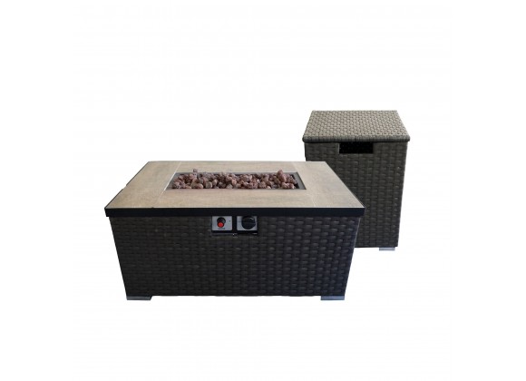Crawford and Burke Auburn Dark Brown Woven Gas Fire Pit Table and Propane Tank Protector, Combined 