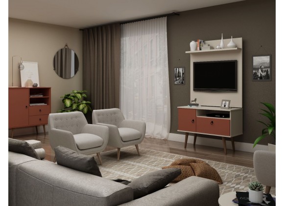 Manhattan Comfort Tribeca 35.43 Mid-Century Modern TV Stand and Panel with Media and Display Shelves in Off White and Terra Orange Pink