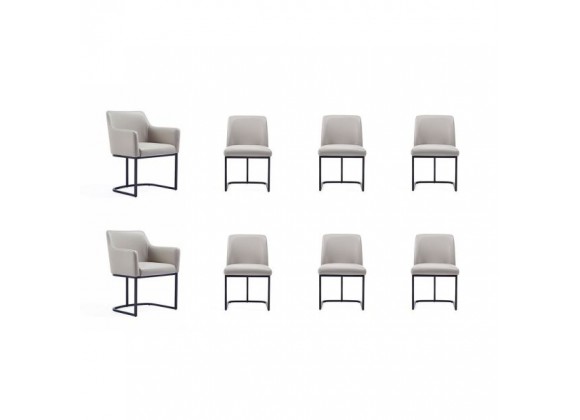 Manhattan Comfort Modern Serena 8 Piece Dining Set Upholstered in Leatherette with Steel Legs In Light Grey
