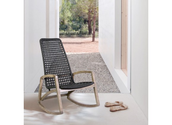 Armen Living Sequoia Outdoor Patio Rocking Chair in Light Eucalyptus Wood and Charcoal Rope