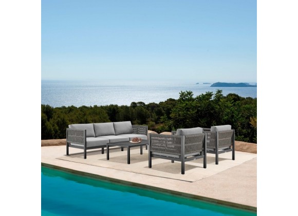 Armen Living Cuffay 4 Piece Outdoor Patio Furniture Set in Black Aluminum and Rope with Gray Cushions-