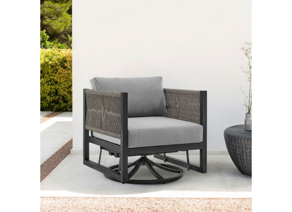 Armen Living Cuffay Outdoor Patio Swivel Lounge Chair in Black Aluminum with Rope and Cushions