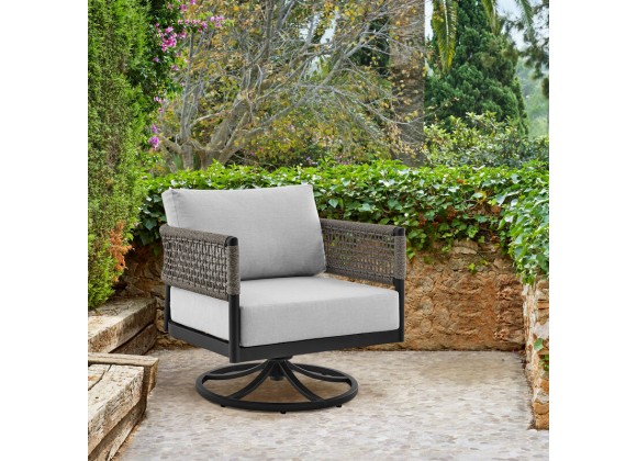 Armen Living Felicia Outdoor Patio Swivel Rocking Chair in Black Aluminum and Grey Rope with Cushions