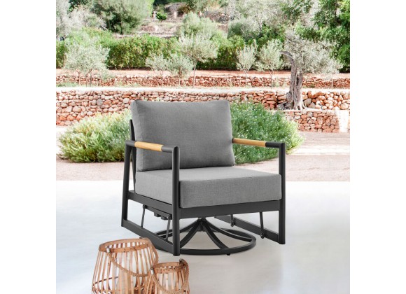 Armen Living Royal Outdoor Patio Swivel Glider Lounge Chair in Black Aluminum and Teak Wood with Cushions
