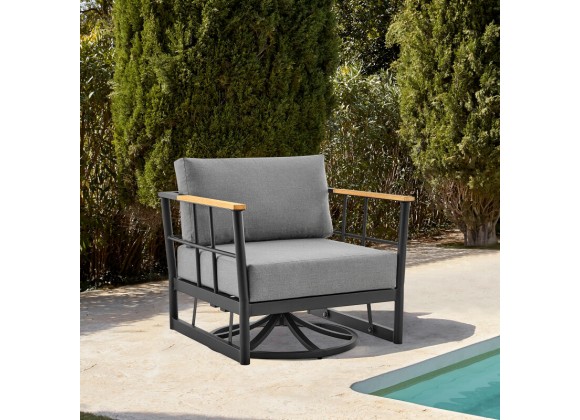 Armen Living Shari Outdoor Patio Swivel Glider Lounge Chair in Black Aluminum and Teak Wood with Cushions