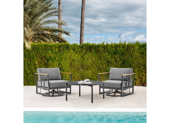 Armen Living Shari and Tiffany 3 Piece Patio Outdoor Swivel Seating Set in Black Aluminum with Grey Cushions