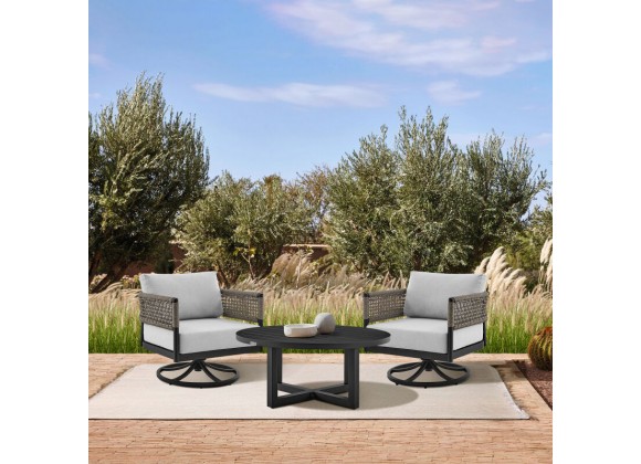 Armen Living Felicia and Argiope 3 Piece Patio Outdoor Swivel Seating Set in Black Aluminum with Grey Rope and Cushions