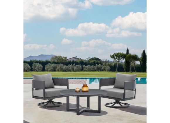 Armen Living Argiope 3 Piece Patio Outdoor Swivel Seating Set in Dark Grey Aluminum with Grey Cushions