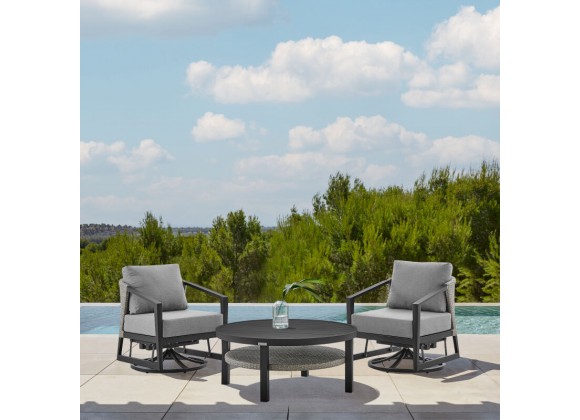 Armen Living Aileen 3 Piece Patio Outdoor Swivel Seating Set in Black Aluminum with Grey Wicker and Cushions