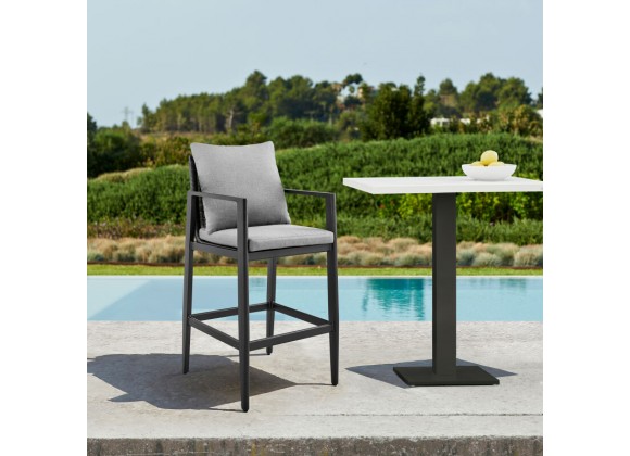 Armen Living Grand Outdoor Patio Counter or Bar Height Bar Stool in Aluminum with Grey Cushions